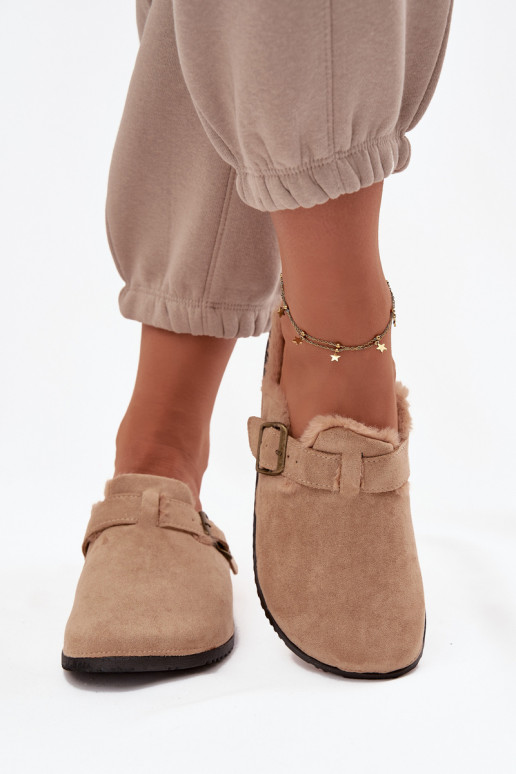 Beige warm women's clogs with fur inside and buckles Sylisse