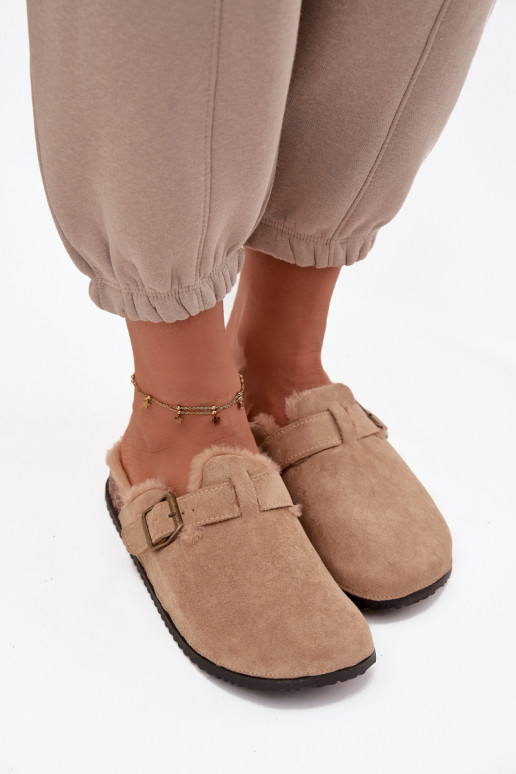 Beige warm women's clogs with fur inside and buckles Sylisse