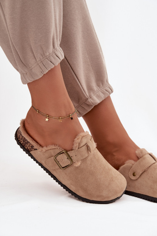 Beige warm women's clogs with fur inside and buckles Sylisse