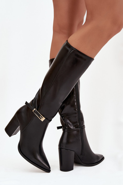 Black insulated women's over-the-knee boots with heels and buckles Cirella
