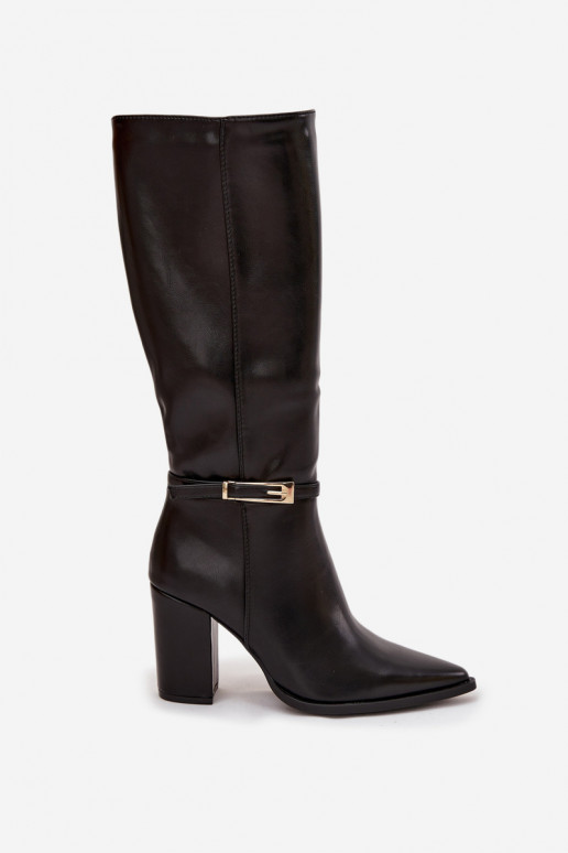 Black insulated women's over-the-knee boots with heels and buckles Cirella