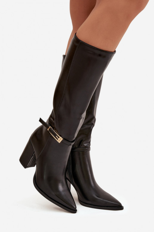 Black insulated women's over-the-knee boots with heels and buckles Cirella