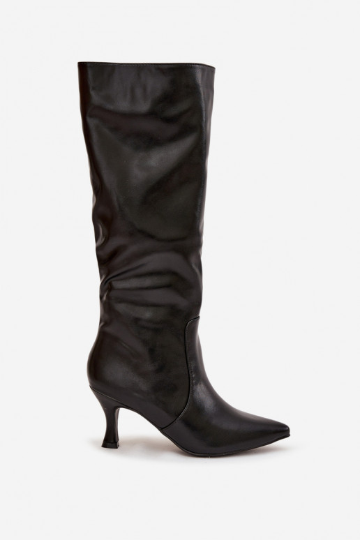 Black women's over-the-knee boots with slim heels made of faux leather Karella