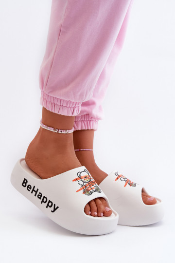 Women's slippers on a thick sole with a teddy bear in light white Serefina