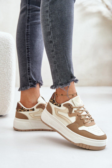 Women's sneakers in faux leather with platform and leopard patterns in sand Henizore