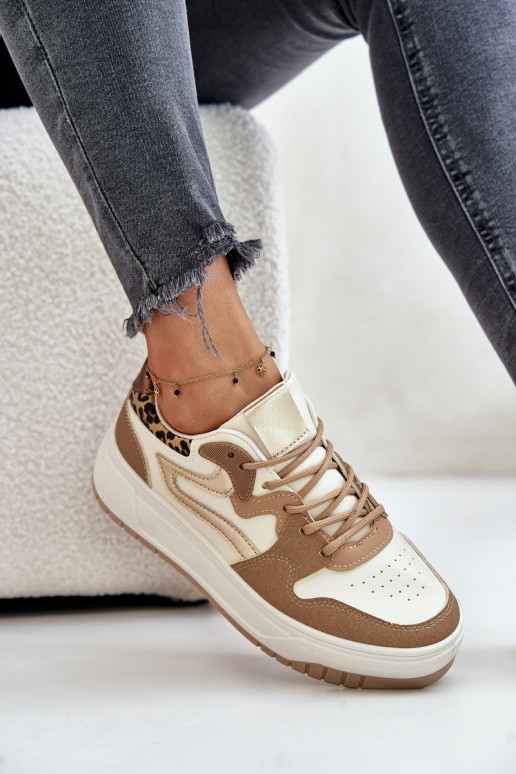 Women's sneakers in faux leather with platform and leopard patterns in sand Henizore