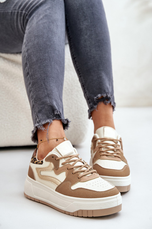 Women's sneakers in faux leather with platform and leopard patterns in sand Henizore