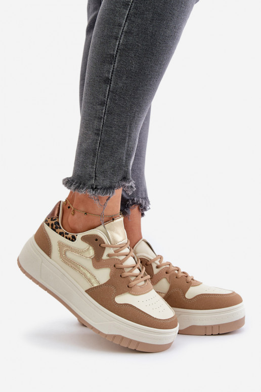 Women's sneakers in faux leather with platform and leopard patterns in sand Henizore