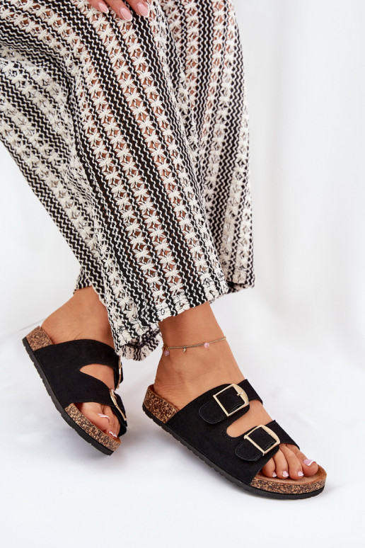 Women's slippers with platform in gold with buckles in black Lisavionea
