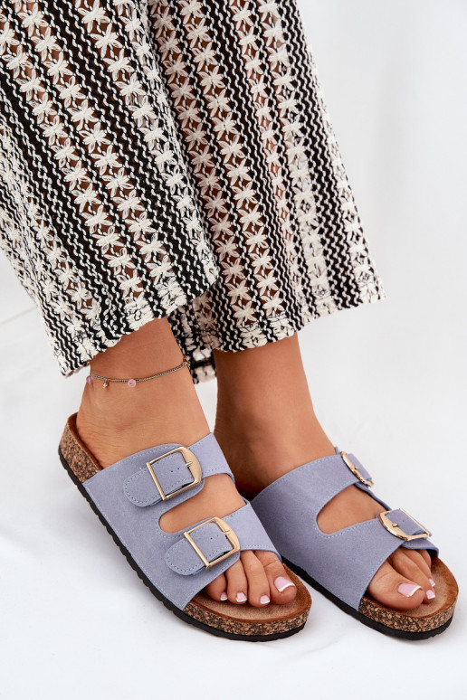 Women's slippers with platform in gold with buckles in blue Lisavionea