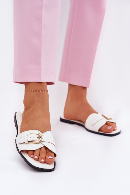 Women's flat slippers with gold buckles in white Esiobb