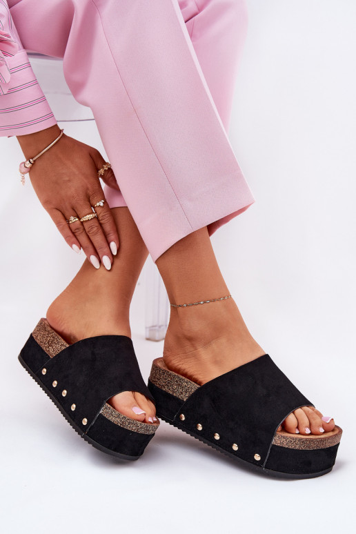 Women's slippers with platform in faux suede in black Vinnibe
