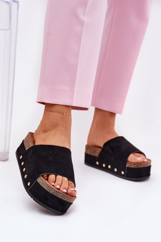 Women's slippers with platform in faux suede in black Vinnibe