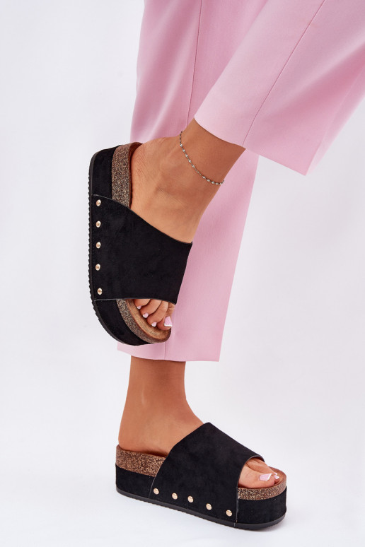 Women's slippers with platform in faux suede in black Vinnibe