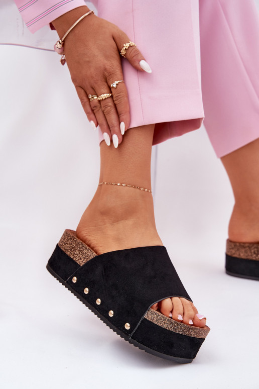 Women's slippers with platform in faux suede in black Vinnibe