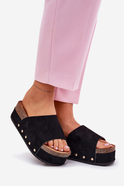 Women's slippers with platform in faux suede in black Vinnibe