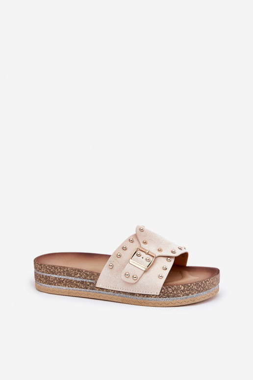 Women's slippers with platform, buckles and spikes in sand Nusithia