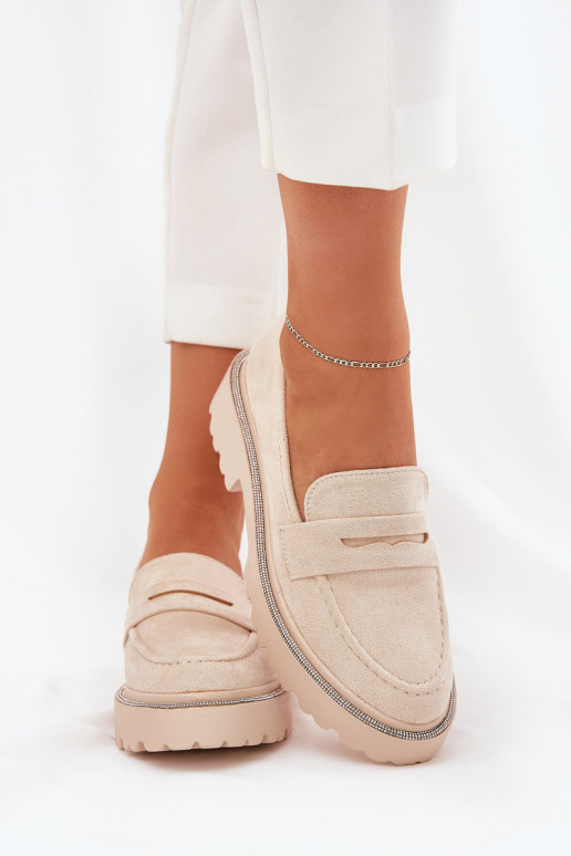 Sand-colored women's moccasins made of faux suede with shiny eyelets Nilamla