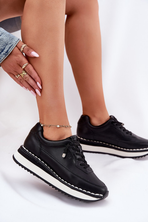 Black women's sneakers made of leather with platform Big Star RR274A335