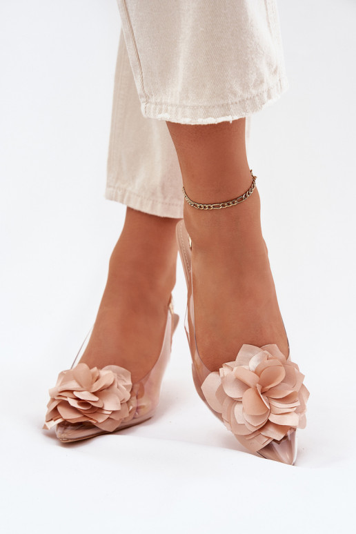 Nude transparent sandals with thin heels and decorative flowers Risalie