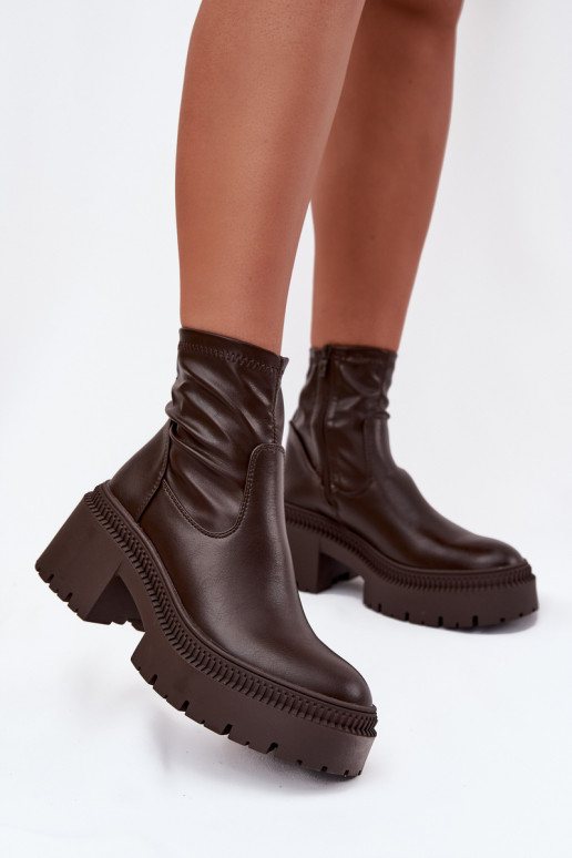 Women's ankle boots on chunky heels and platform in brown faux leather Elvianne