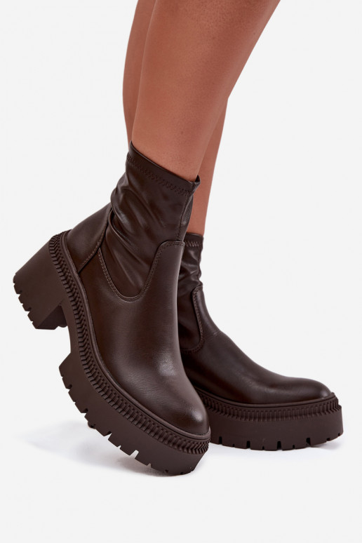 Women's ankle boots on chunky heels and platform in brown faux leather Elvianne
