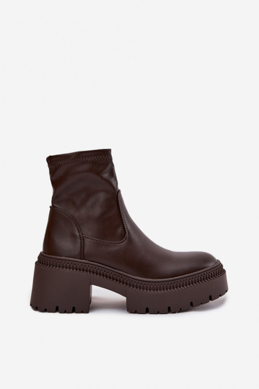 Women's ankle boots on chunky heels and platform in brown faux leather Elvianne