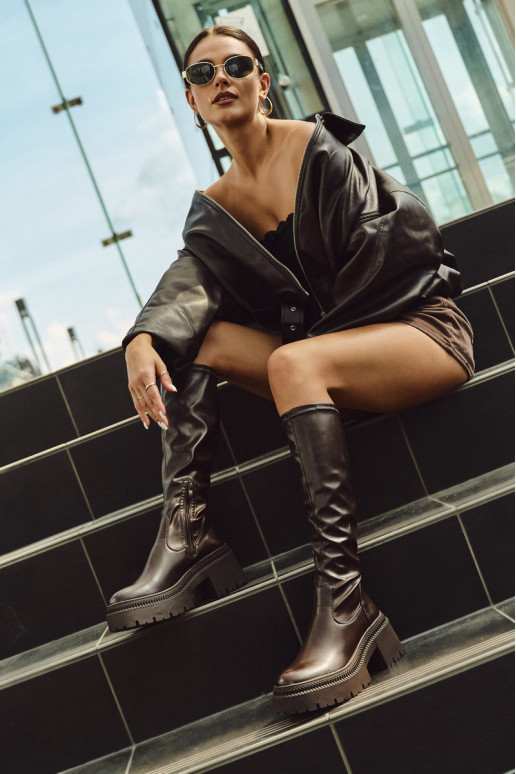 Women's knee-high boots on chunky heels and platform in brown Florinne