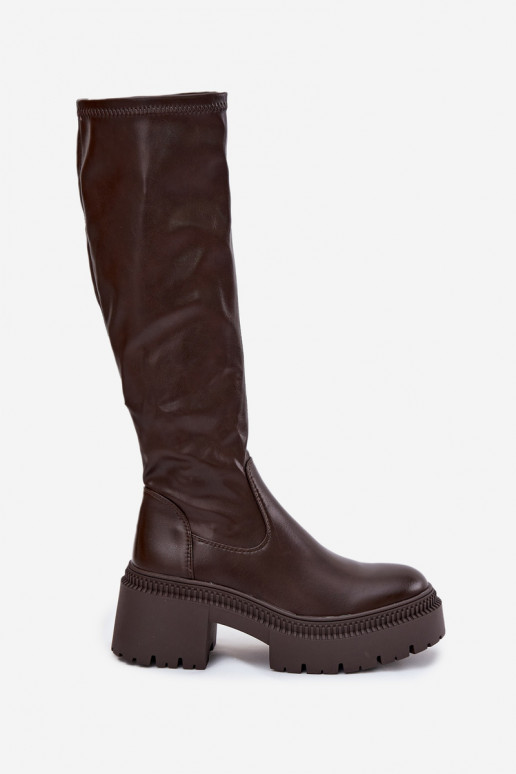Women's knee-high boots on chunky heels and platform in brown Florinne