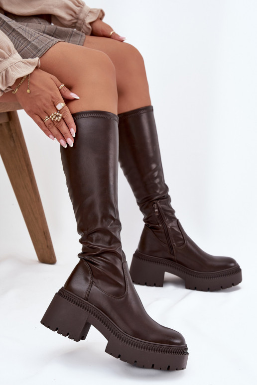 Women's knee-high boots on chunky heels and platform in brown Florinne