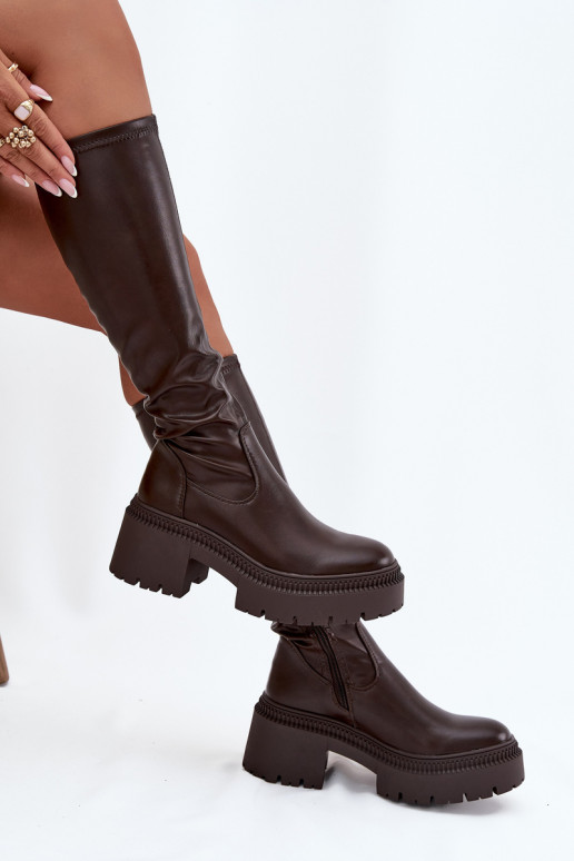Women's knee-high boots on chunky heels and platform in brown Florinne