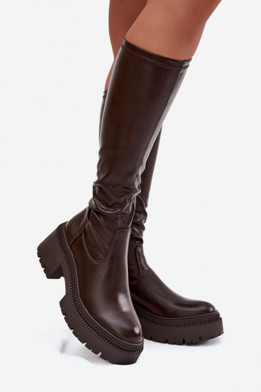Women's knee-high boots on chunky heels and platform in brown Florinne