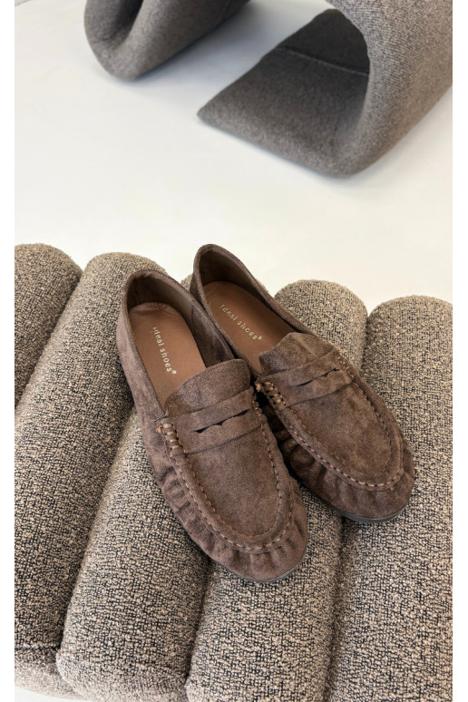 Women's moccasins with ruffles made of faux suede in brown color Sabley