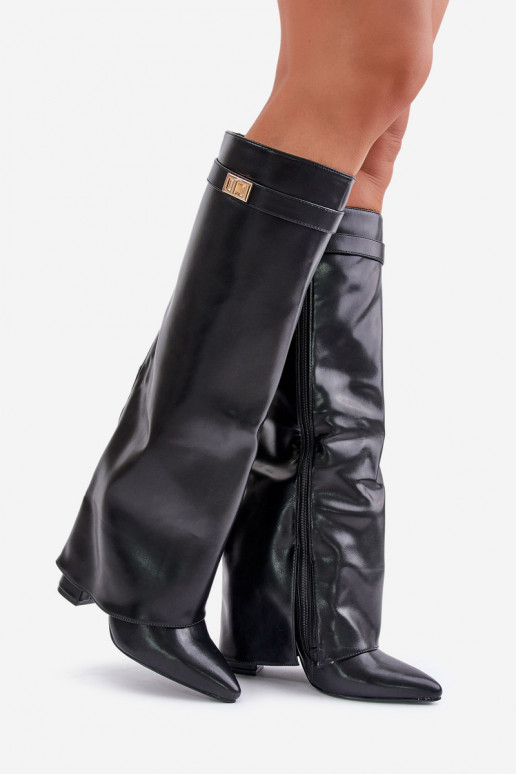 Women's knee-high boots faux leather with inserts and heels black Avamora