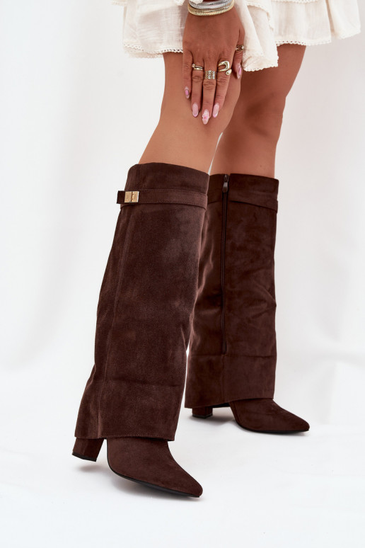 Knee-high boots faux suede on a block heel lined chocolate Evyra