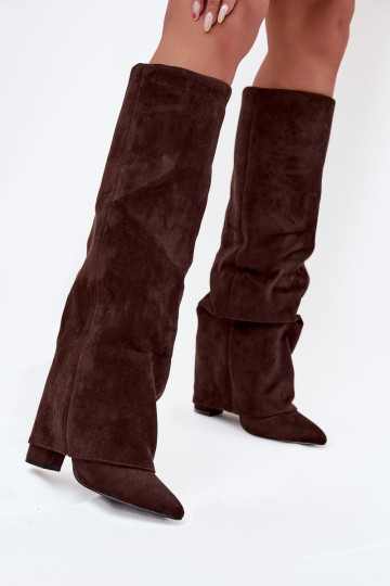 Women's knee-high boots lined with inserts and heels faux suede chocolate Elivira 2