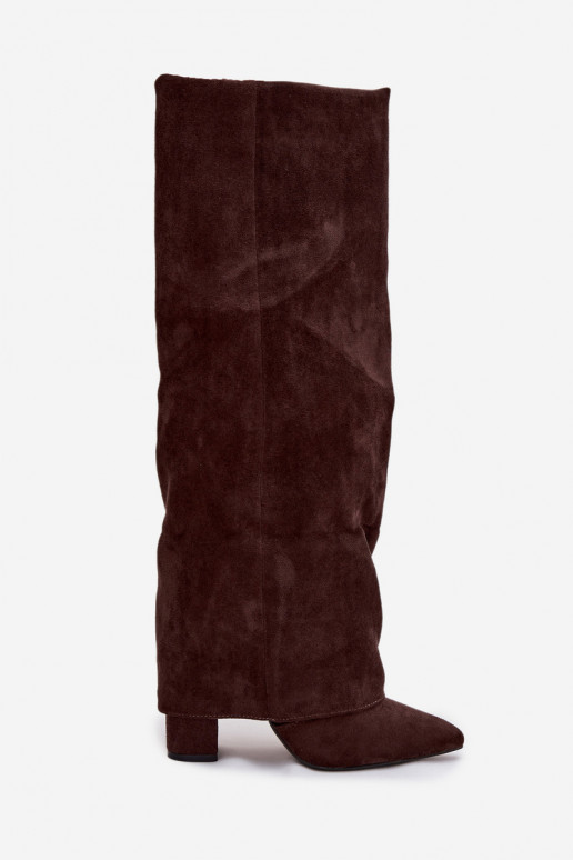 Women's knee-high boots lined with inserts and heels faux suede chocolate Elivira
