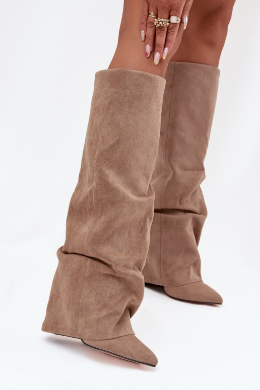 Women's knee-high boots lined with inserts and heels faux suede sand Elivira