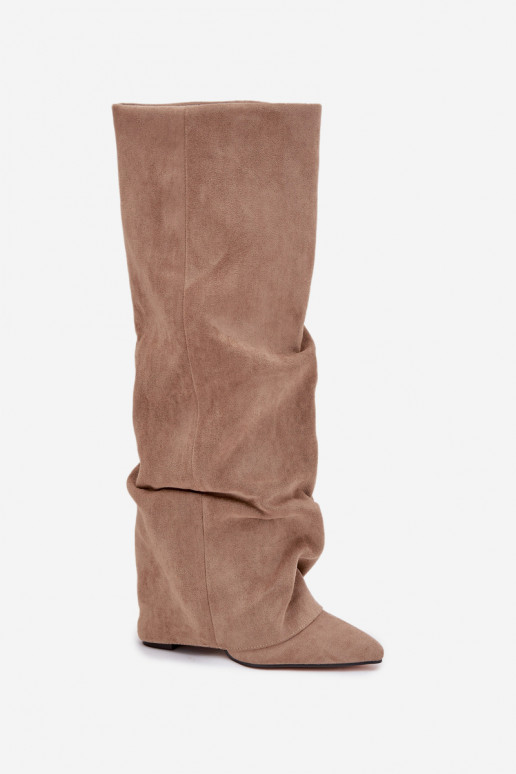 Women's knee-high boots lined with inserts and heels faux suede sand Elivira
