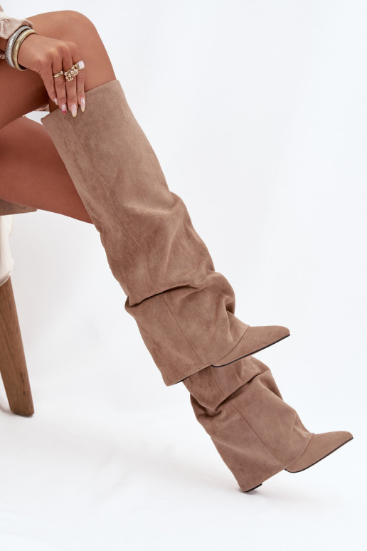 Women's knee-high boots lined with inserts and heels faux suede sand Elivira