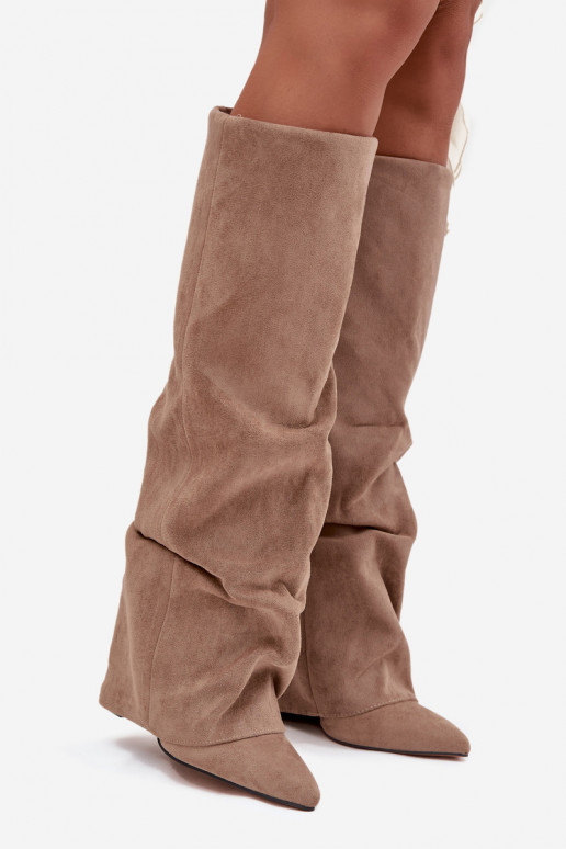 Women's knee-high boots lined with inserts and heels faux suede sand Elivira