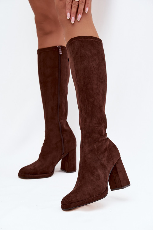 Women's knee-high boots with inserts on a block heel brown Brivana