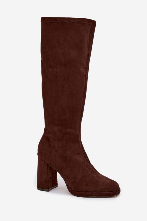 Women's knee-high boots with inserts on a block heel brown Brivana