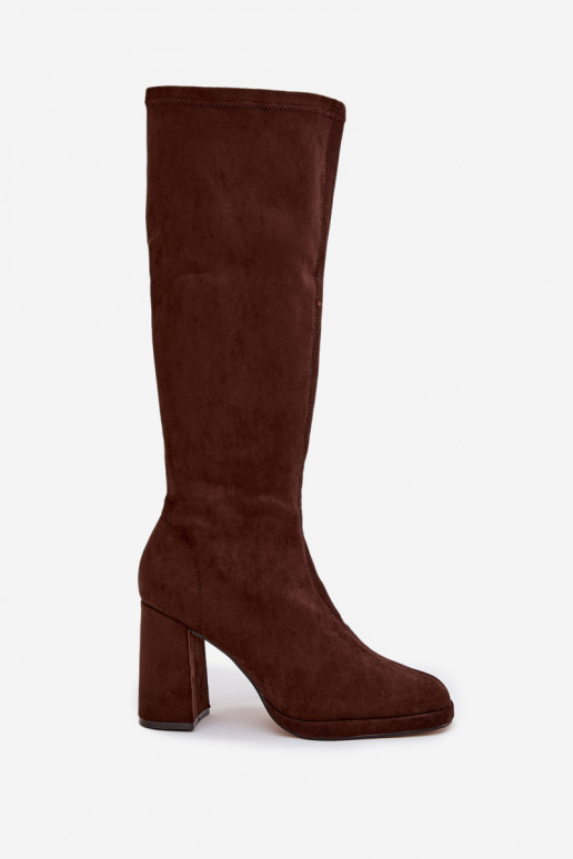 Women's knee-high boots with inserts on a block heel brown Brivana