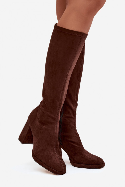 Women's knee-high boots with inserts on a block heel brown Brivana