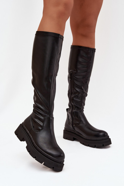 Women's knee-high boots with platform faux leather black Tairivelle