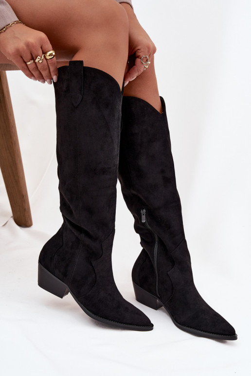 Knee-high boots faux suede cowboy style with heels black Jenaya