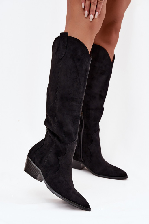 Knee-high boots faux suede cowboy style with heels black Jenaya