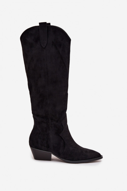 Knee-high boots faux suede cowboy style with heels black Jenaya