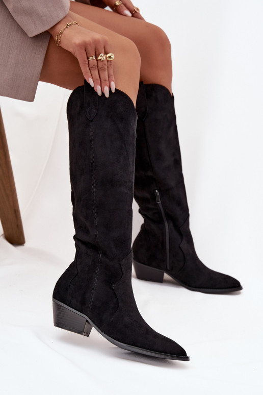 Knee-high boots faux suede cowboy style with heels black Jenaya